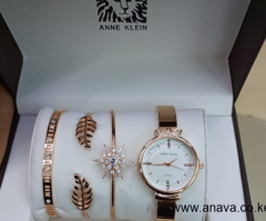 ladies ANNE KLEIN ROSE GOLD GIFT ST OF WATCH + 3 BRACELETS